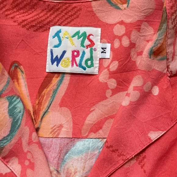 Jams World Woman Hawaiian Print Short Sleeve Blouse Button Up Size M Orange Red - Picture 6 of 8